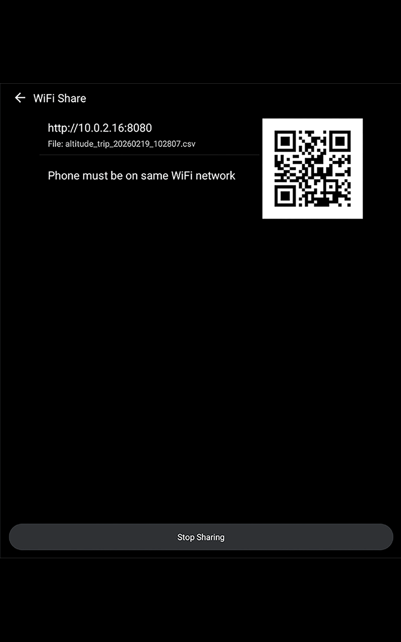 AltitudeTracker WiFi export with QR code