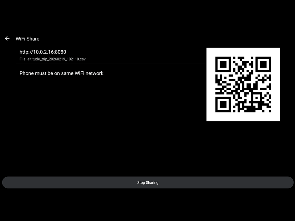 AltitudeTracker WiFi export with QR code